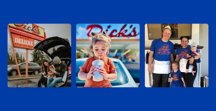 A collage of photos showing families and young children enjoying food at Dick's Drive-In.